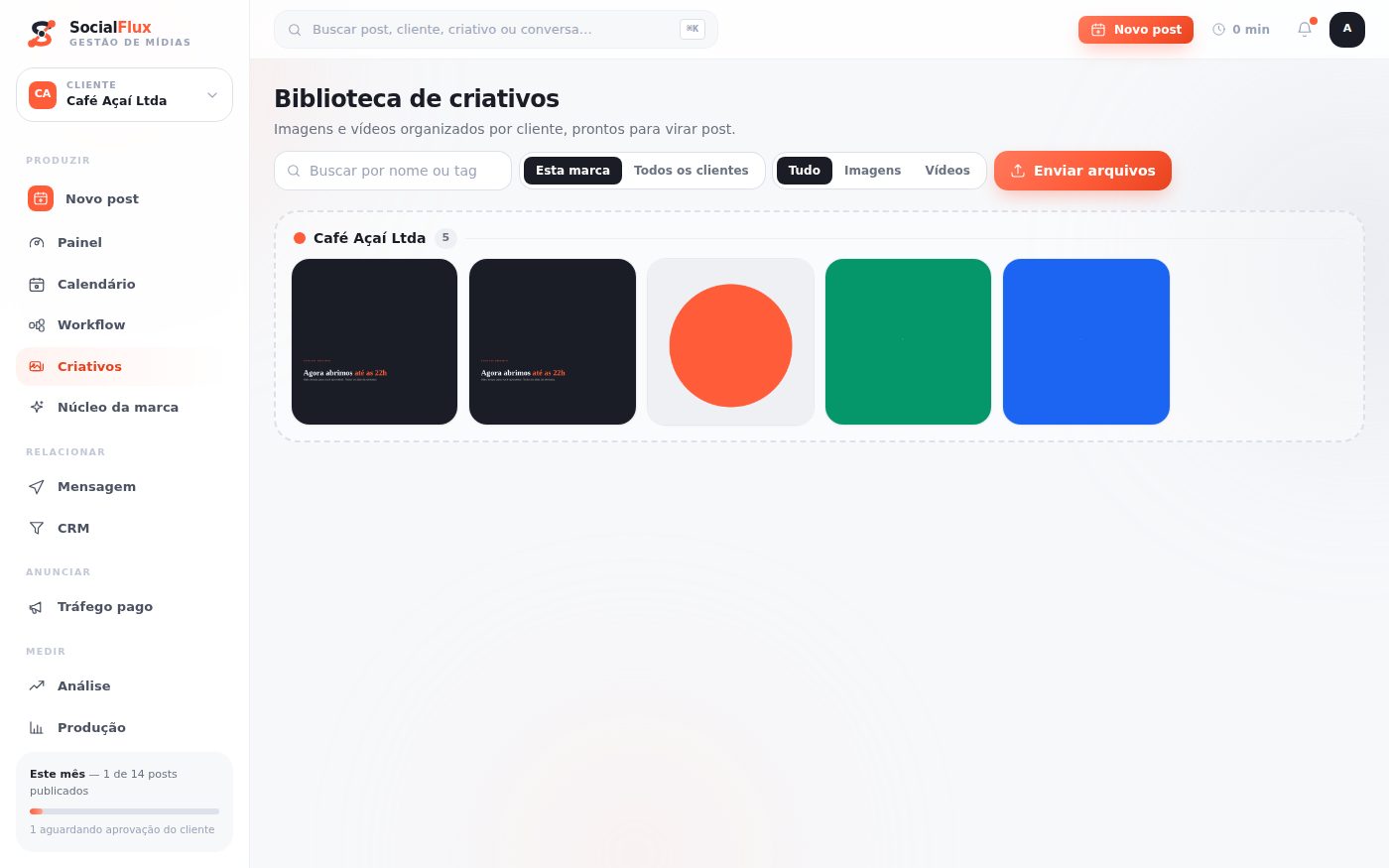 Biblioteca de criativos com peças geradas pelo Estúdio de Artes, já no padrão visual da marca do cliente